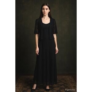 Vintage Lola P‎ Womens Lace Maxi Dress Bolero Set Size L Black Lace Whimsigoth